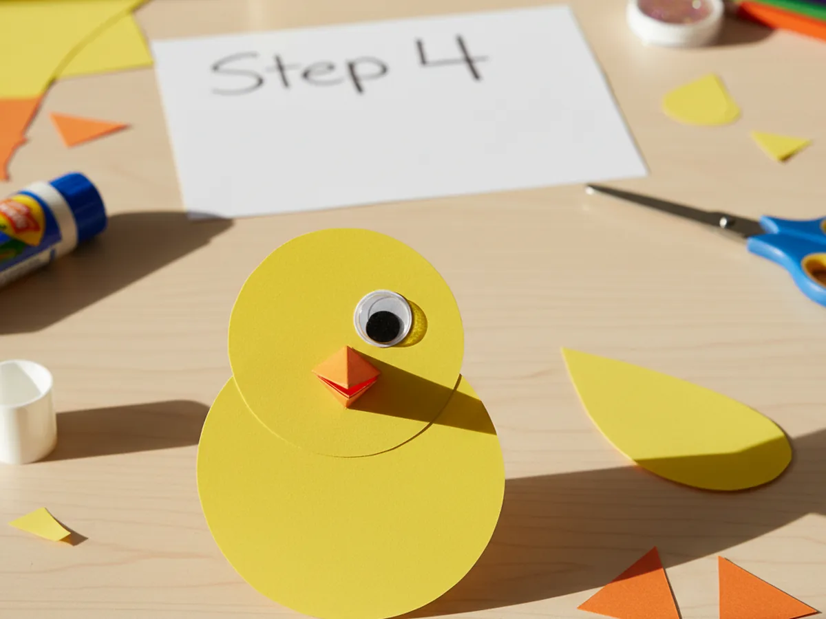 A folded orange paper beak glued onto the front of the yellow paper chick head with a googly eye stuck just above it, giving the chick a sweet expressive face on a white craft table