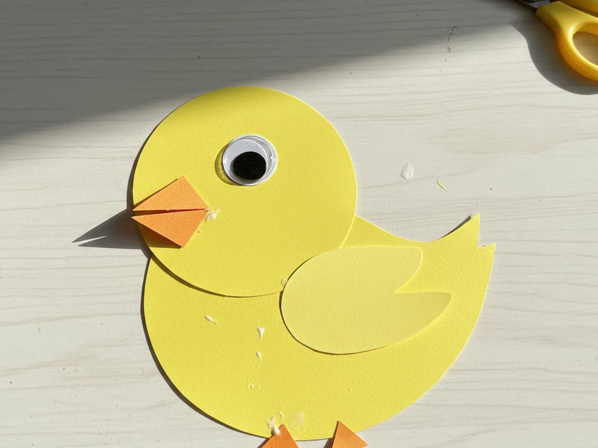 The yellow paper chick now with a smaller yellow teardrop wing glued onto the side of the body and two orange triangle feet peeking out from the bottom edge, displayed on a white craft table