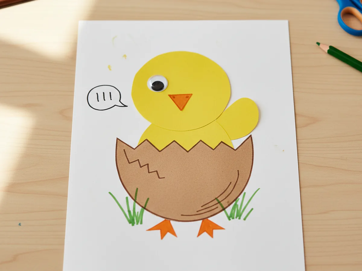 The finished paper chick craft glued behind a half brown paper eggshell with a wavy cracked top, surrounded by thin green paper grass blades and small marker drawn cracks on the eggshell, displayed on a white cardstock background