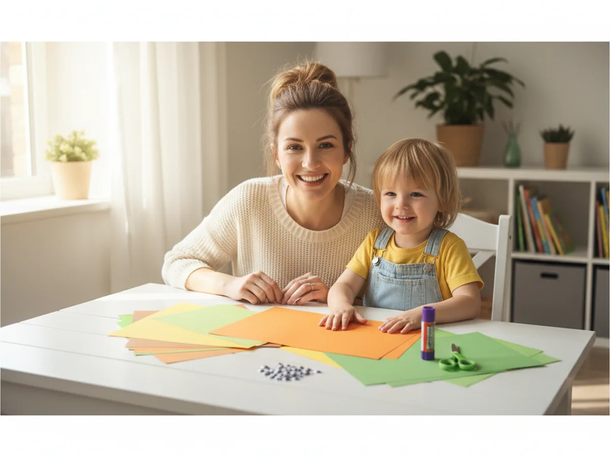 A mom and her young child sitting together at a craft table with sheets of yellow, orange, brown, and green construction paper, kid scissors, a glue stick, and googly eyes, smiling and getting ready to start a paper chick craft