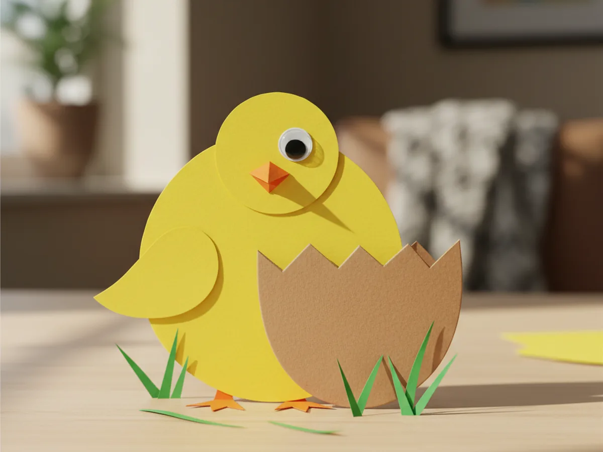 Finished paper chick craft made from a round bright yellow construction paper body and smaller round head, a small folded orange paper beak, two tiny orange triangle feet, a small yellow teardrop wing, and a googly eye, sitting on a half brown paper egg shell with green paper grass