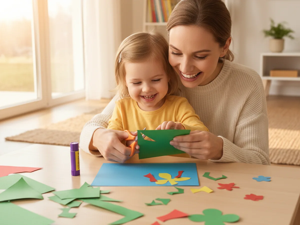 A mom and young child sitting at a craft table together, smiling and cutting green paper for a Christmas tree craft