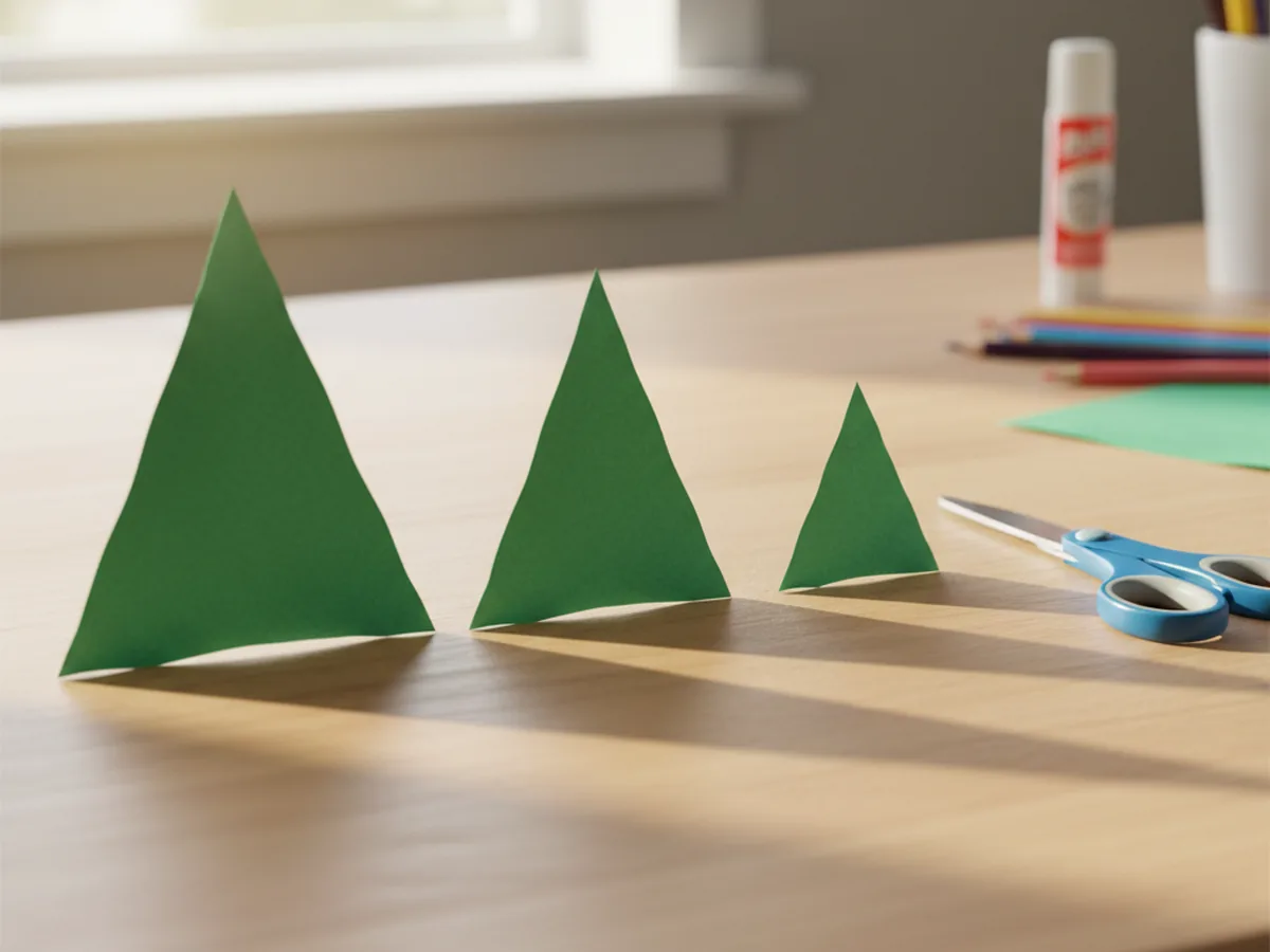 Three green paper triangles of different sizes cut out and laid on a craft table, ready to assemble into a Christmas tree