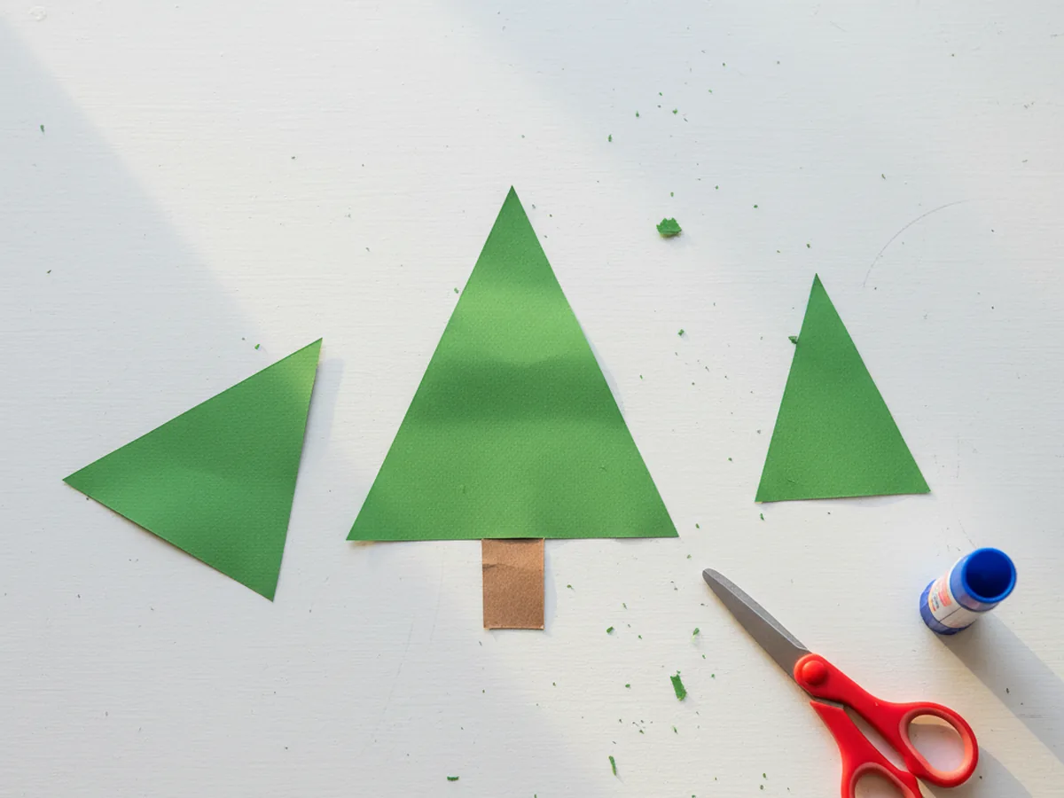 A small brown paper rectangle cut out and placed next to the three green triangles on a craft table