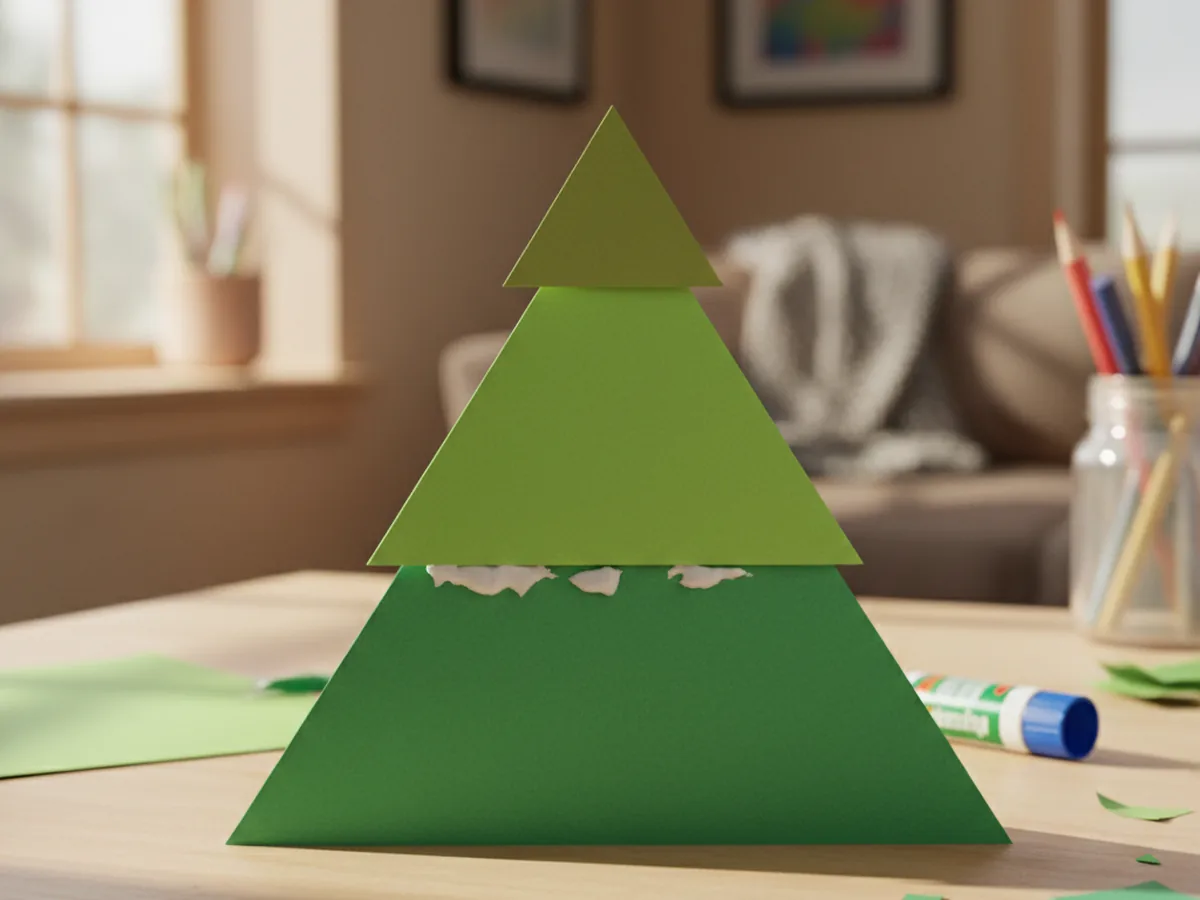 Three green paper triangles stacked and glued together into a layered Christmas tree shape on a craft table