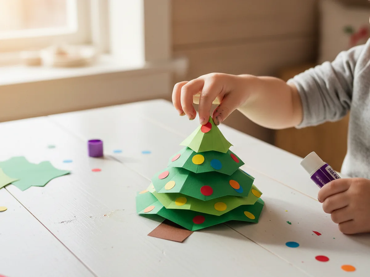 A child's hand gluing small colorful paper circles as ornaments onto a green layered paper Christmas tree