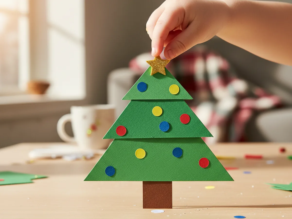 A gold star sticker being pressed onto the top of the finished paper Christmas tree craft