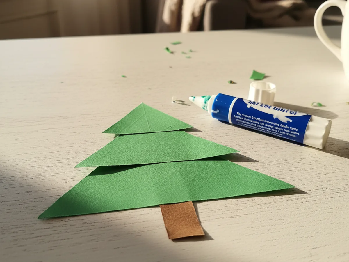 The layered green paper Christmas tree with a small brown trunk attached at the bottom, on a craft table