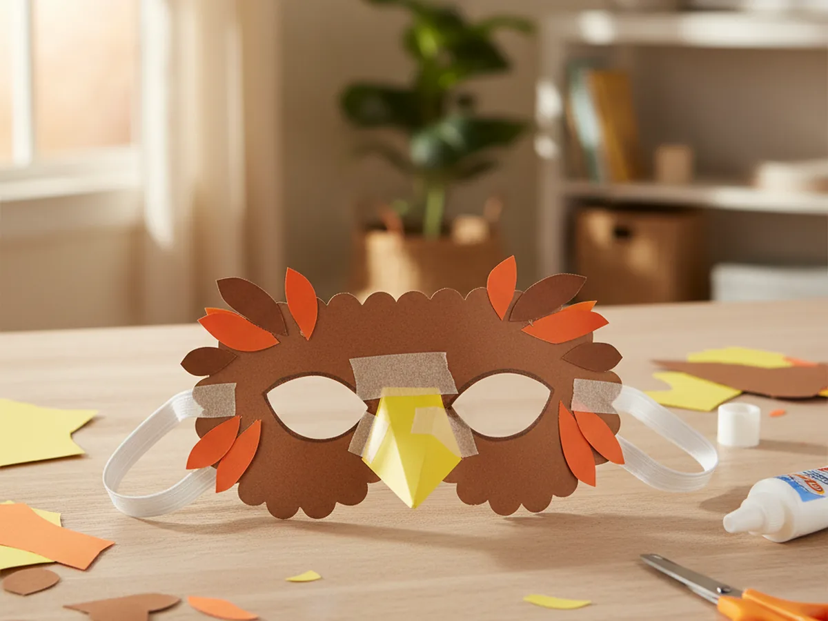 A handmade paper cone bird mask with a yellow paper cone beak on a brown feathered paper mask with elastic ear straps on a craft table