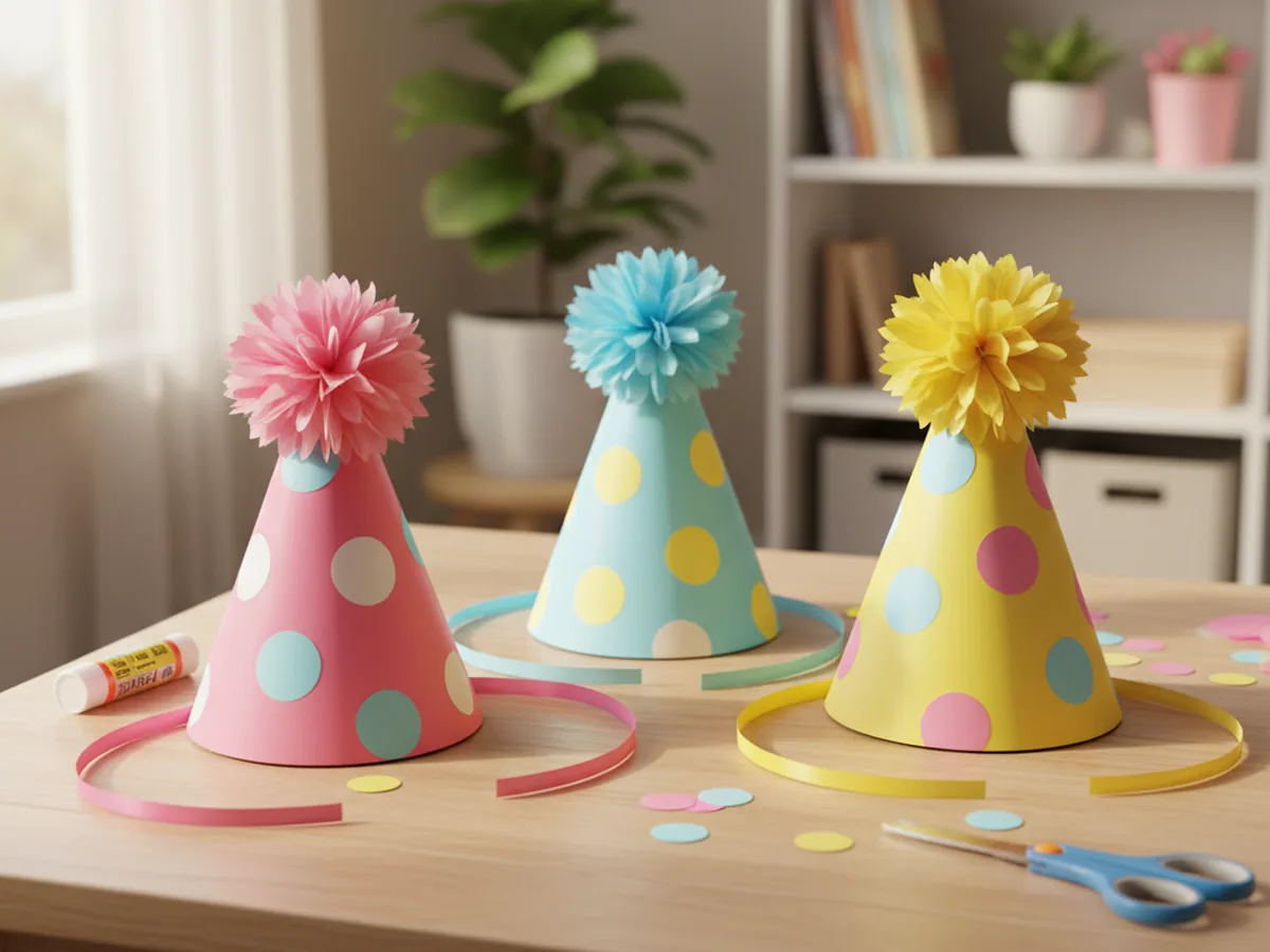 Three handmade paper cone birthday party hats in pink, blue, and yellow cardstock decorated with paper dots and tissue paper pom-poms with ribbon chin straps on a table