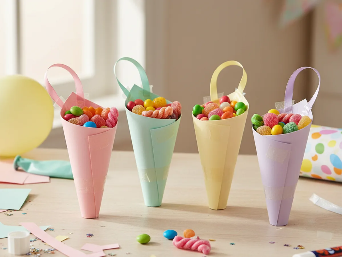 Four handmade paper cone candy treat cups in pink, mint, yellow, and lavender cardstock with ribbon handles filled with small candies on a party table
