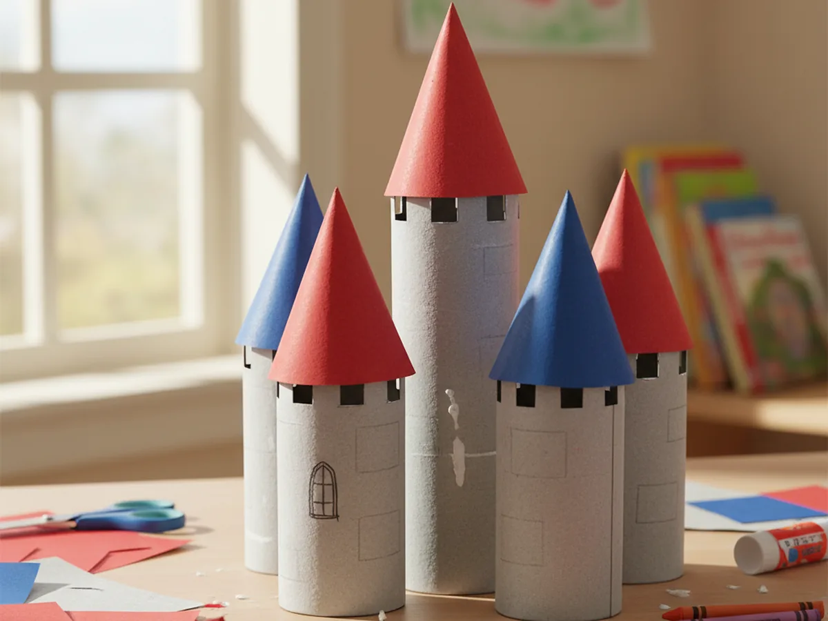 A cluster of four handmade paper cone castle turret crafts in grey cardstock with red and blue paper cone rooftops arranged together as a fairy-tale castle scene