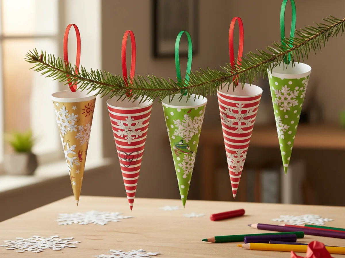 Five handmade paper cone Christmas ornaments in gold, red, and green patterned paper with ribbon loops and snowflake decorations hanging on an evergreen branch