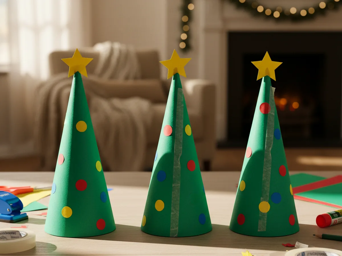 A row of handmade paper cone Christmas tree crafts in green construction paper with colorful paper circle ornaments and yellow paper stars on a wooden table