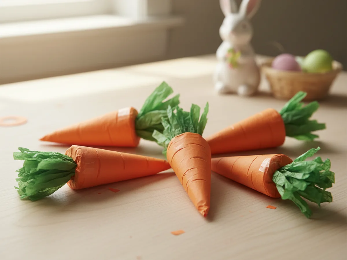 A bundle of handmade paper cone Easter carrot crafts with orange construction paper cones and green tissue paper fringe tops arranged on a wooden table