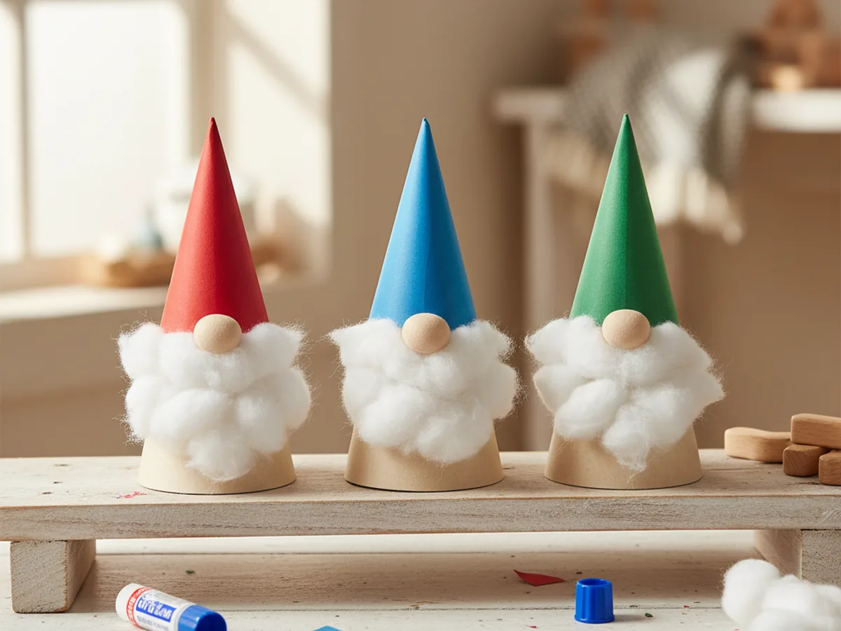 Three handmade paper cone gnome crafts with red and blue cardstock pointed hats and white cotton ball beards standing on a wooden shelf