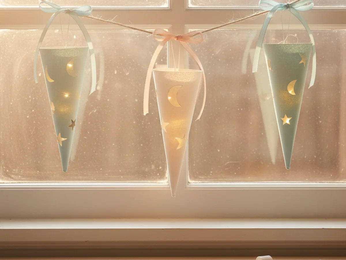 Three handmade paper cone hanging lanterns in cream and pastel blue cardstock with small star cutouts on the sides and ribbon hangers strung along a window
