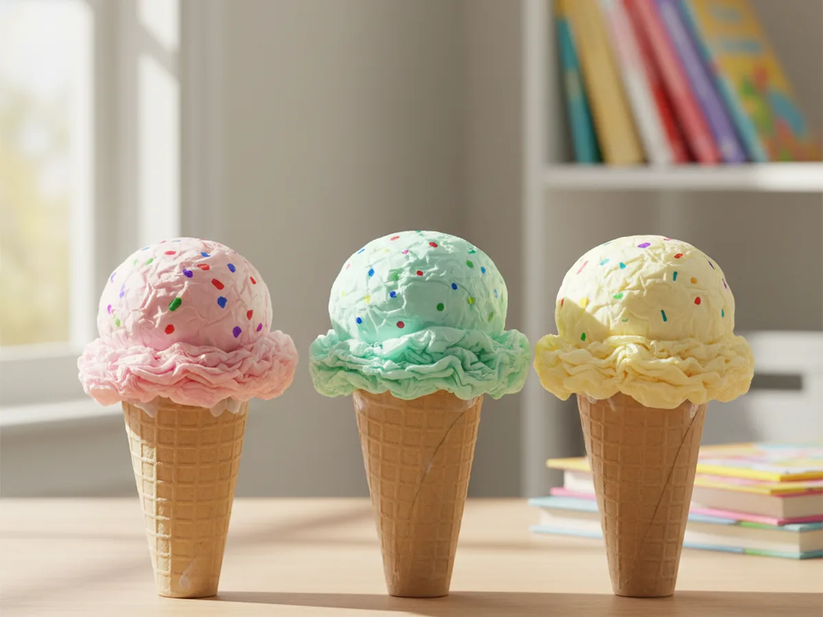 Three handmade paper cone ice cream crafts with tan cardstock cones and pink, mint, and yellow tissue paper scoops with marker sprinkles on a light wood table