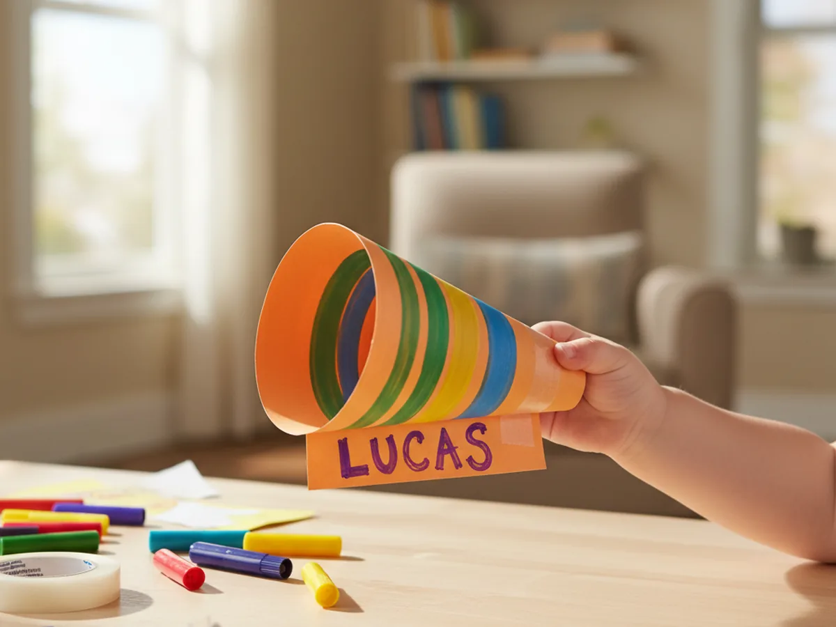A handmade paper cone megaphone craft made from bright orange cardstock decorated with marker stripes and a child's name held by a small hand