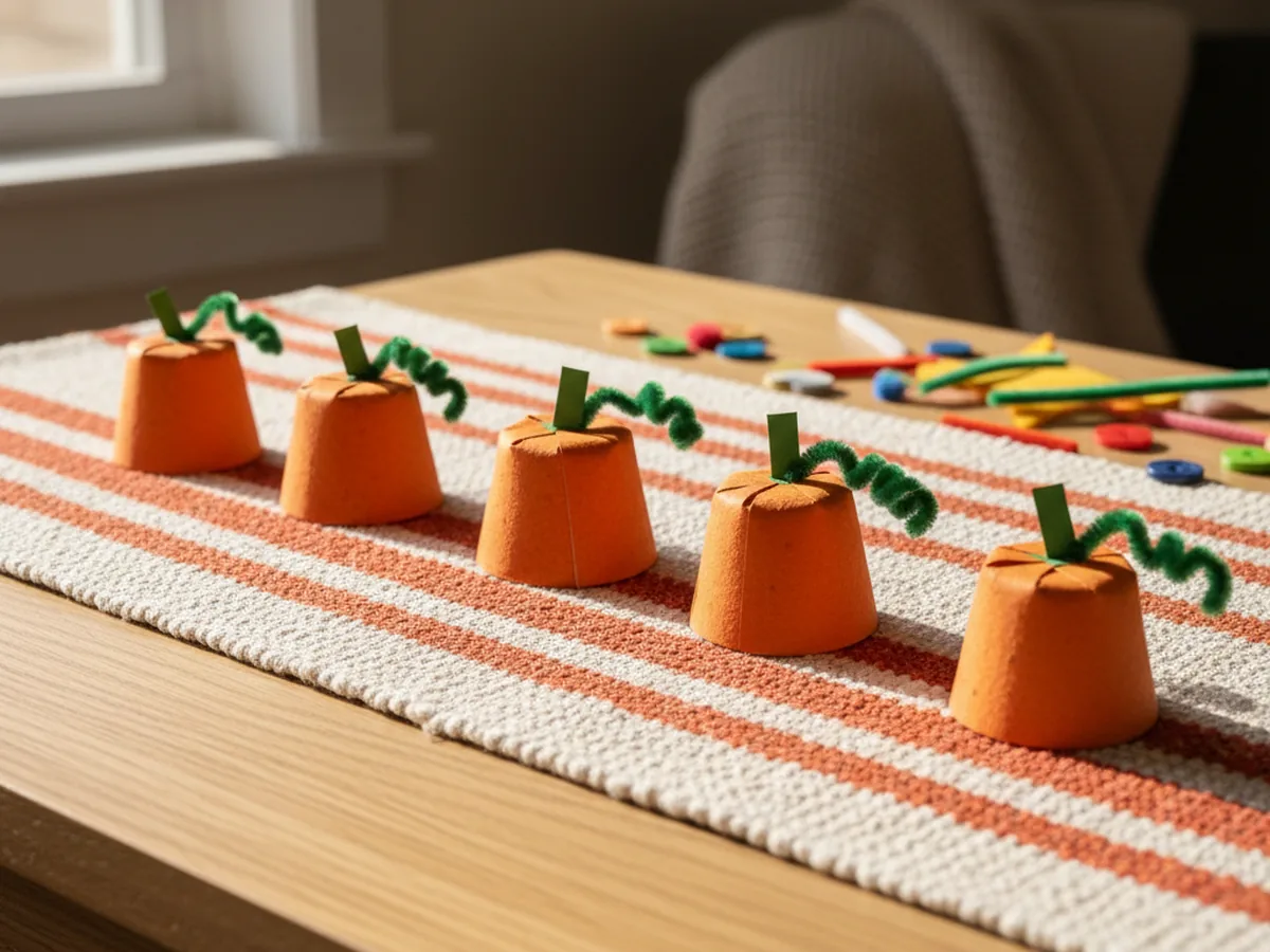 A row of five handmade paper cone mini pumpkin crafts in orange cardstock with green paper stems and curly pipe cleaner vines on a fall table runner