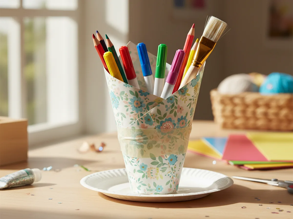 A handmade paper cone pencil holder in floral patterned cardstock with colored pencils inside sitting on a small paper plate base on a desk