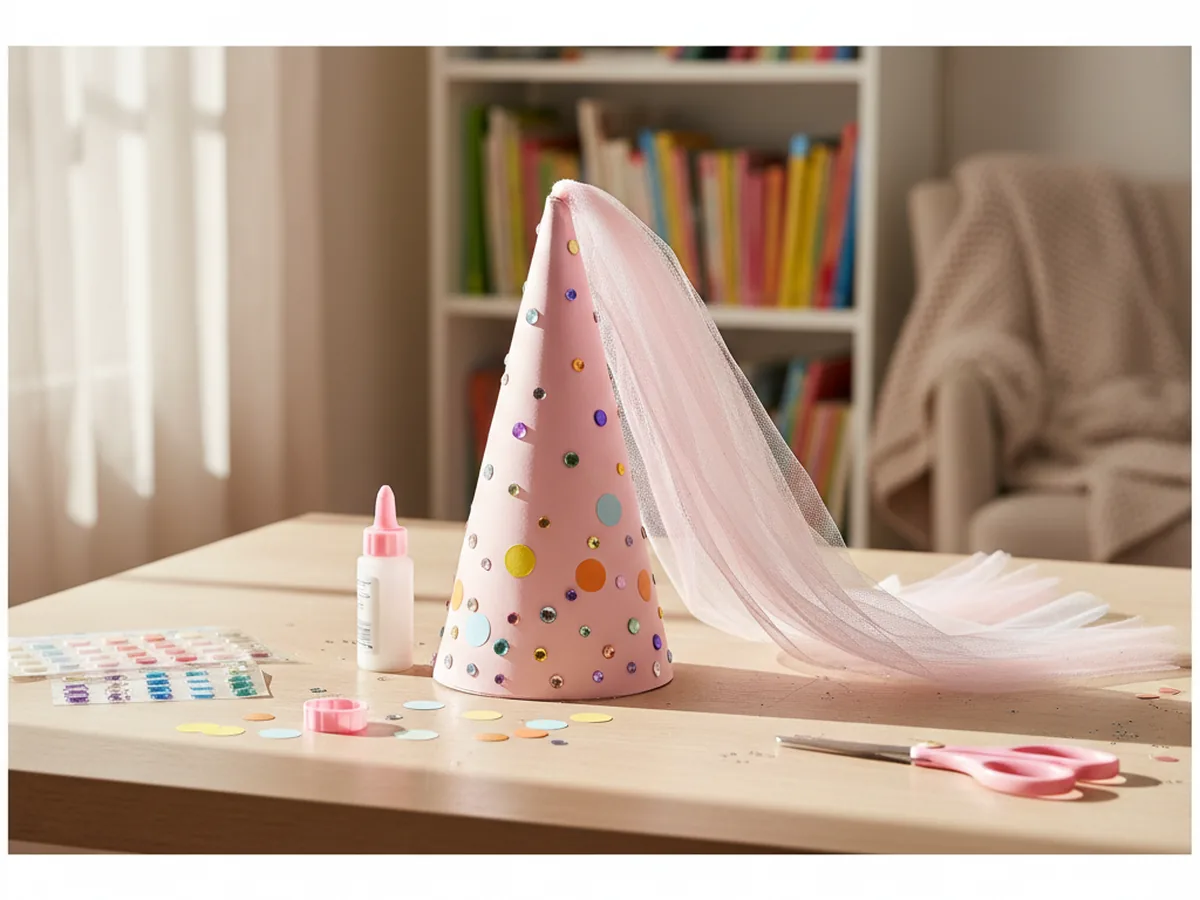 A handmade paper cone princess crown in pastel pink cardstock with gem stickers and a long pink and white tulle ribbon trailing from the top on a craft table