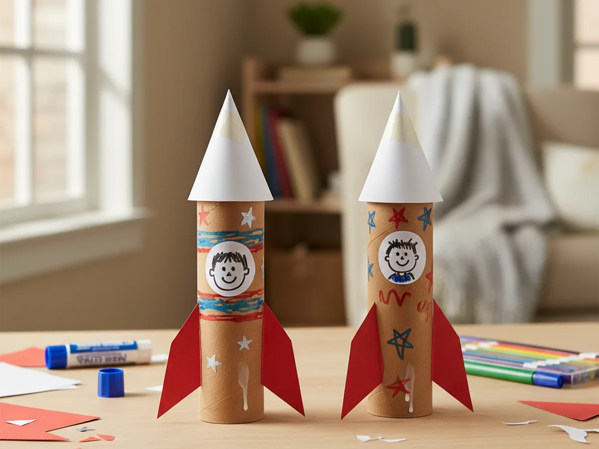 Two handmade paper cone rocket ship crafts with white paper cone nose tips on paper towel tubes with red cardstock fins and marker star decorations on a craft table