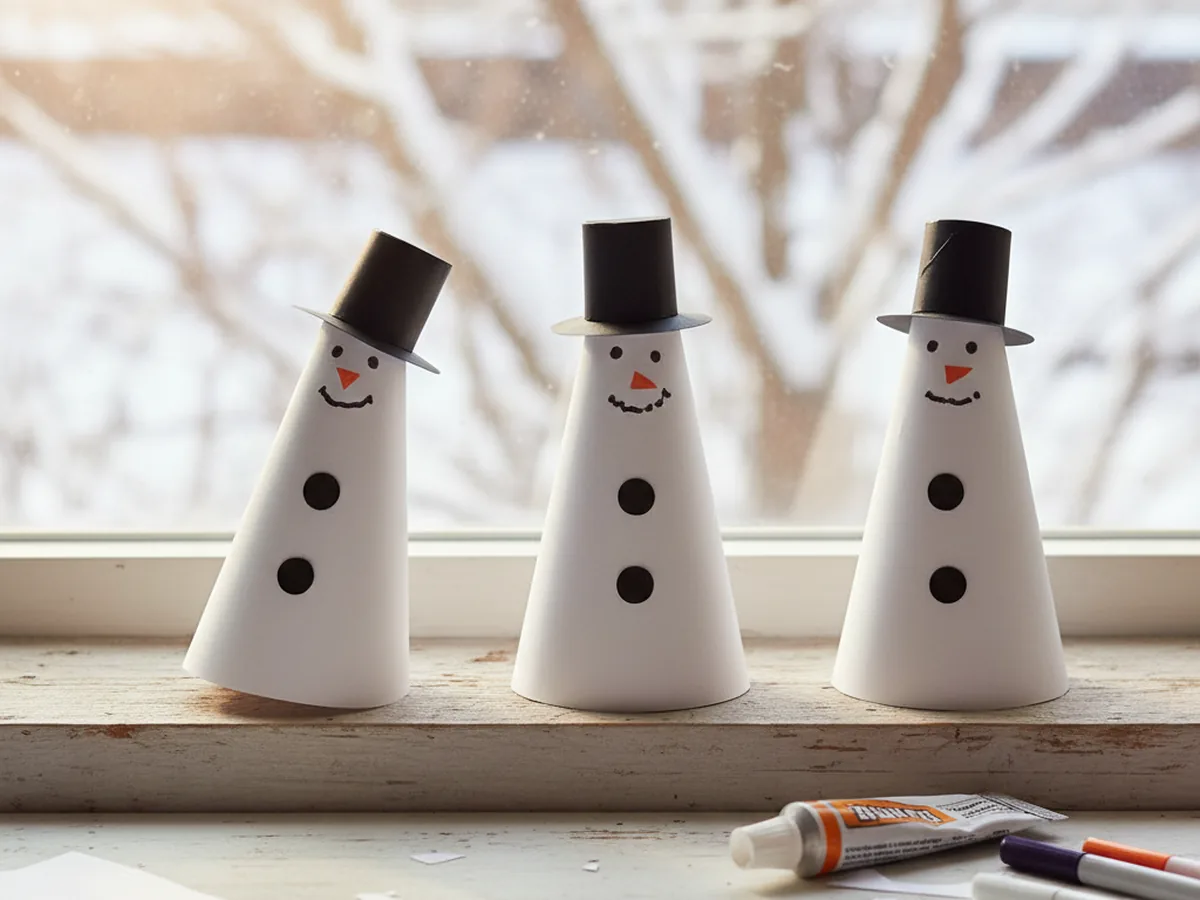 Three handmade paper cone snowmen crafts in white cardstock with black paper top hats, orange paper noses, and marker faces standing on a wooden windowsill