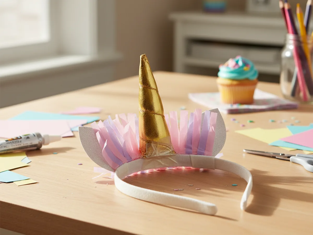 A handmade paper cone unicorn horn headband with a gold cardstock cone and pastel tissue paper mane attached to a white headband on a craft table