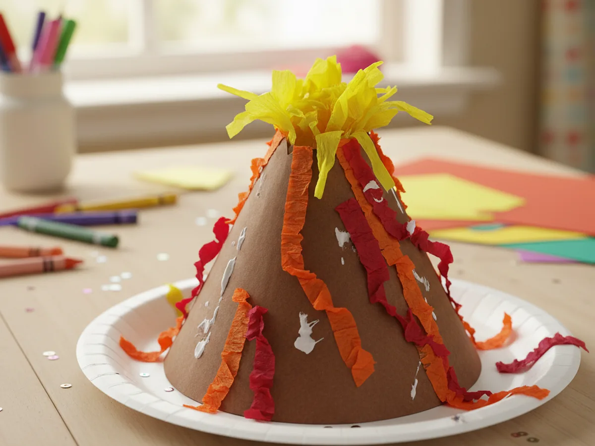 A handmade paper cone volcano craft with a brown cardstock cone, orange and red tissue paper lava down the sides, and yellow tissue erupting from the top on a paper plate base