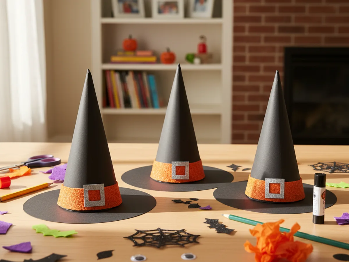 Three handmade paper cone witch hat crafts in black cardstock with orange paper bands and flat brims arranged on a Halloween craft table