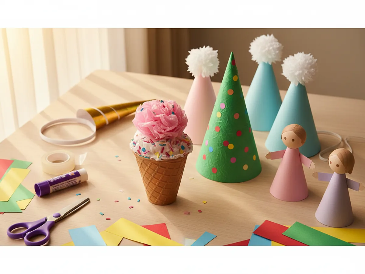 A bright flat lay of handmade paper cone crafts including a paper ice cream cone, a paper cone Christmas tree, paper cone party hats, a paper cone unicorn horn, and paper cone fairy dolls on a craft table