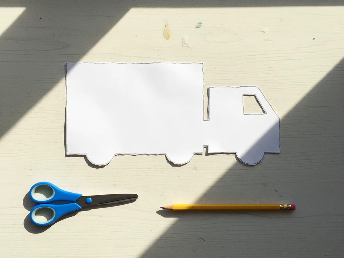 A large white paper rectangle for the ambulance body and a smaller white paper square for the front cab freshly cut out and lying side by side on a white craft table next to kid scissors and a pencil