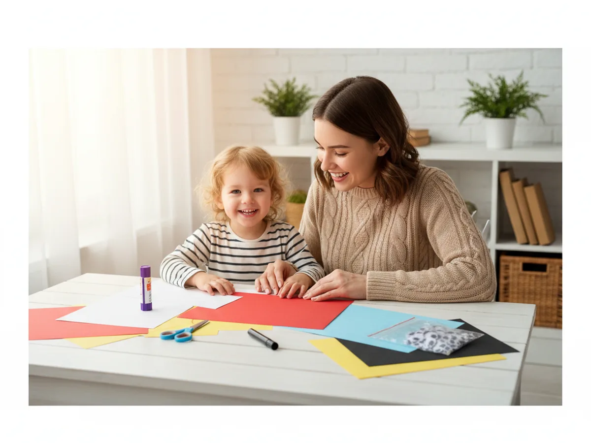 A mom and her young child sitting together at a craft table with sheets of white, red, light blue, black, and yellow construction paper, kid scissors, a glue stick, and a marker, smiling and getting ready to start a paper craft ambulance