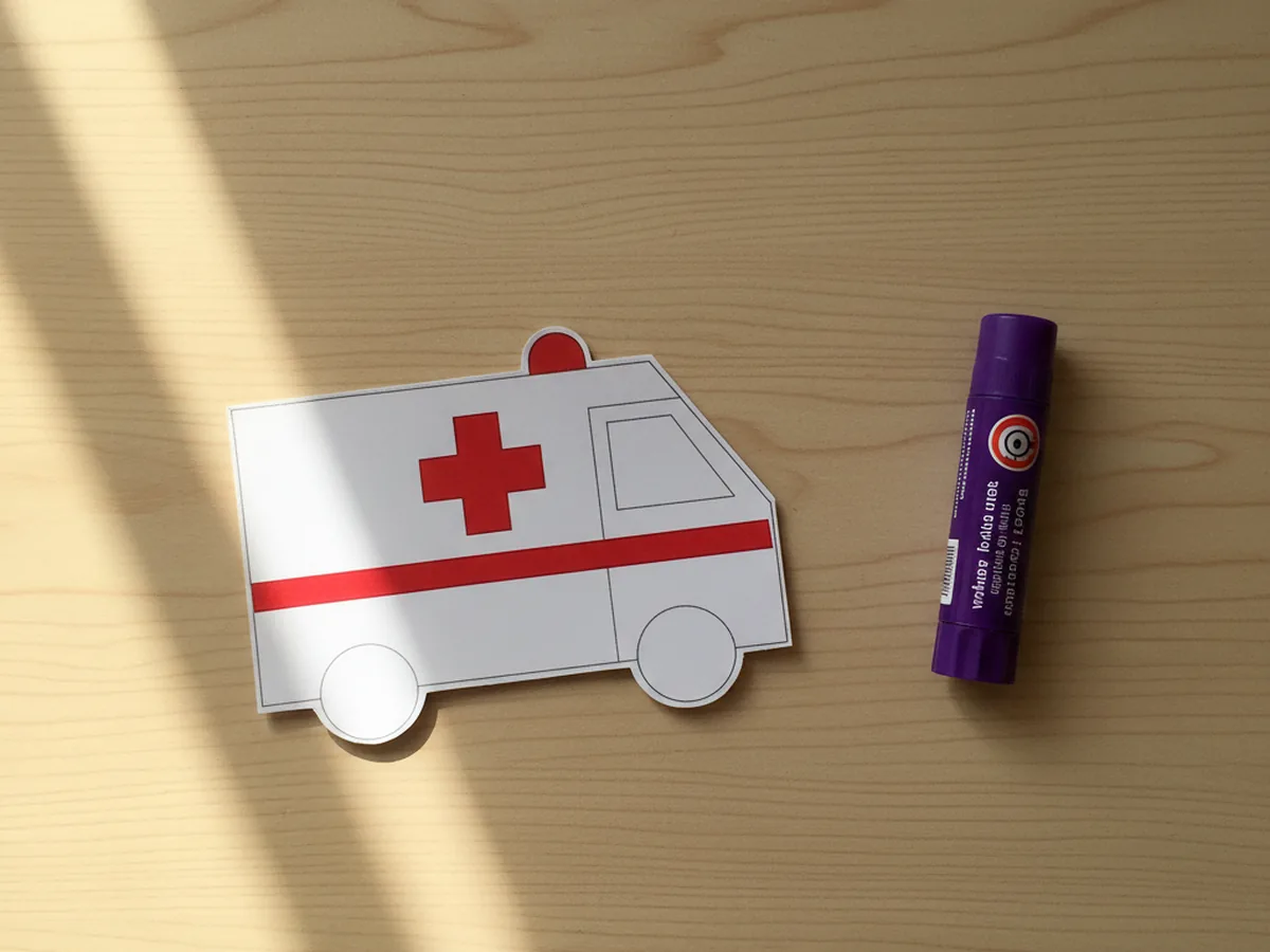 The white paper ambulance body with a small red paper cross glued in the center and a long thin red paper stripe running across the side just below the cross, resting on a white craft table next to a glue stick