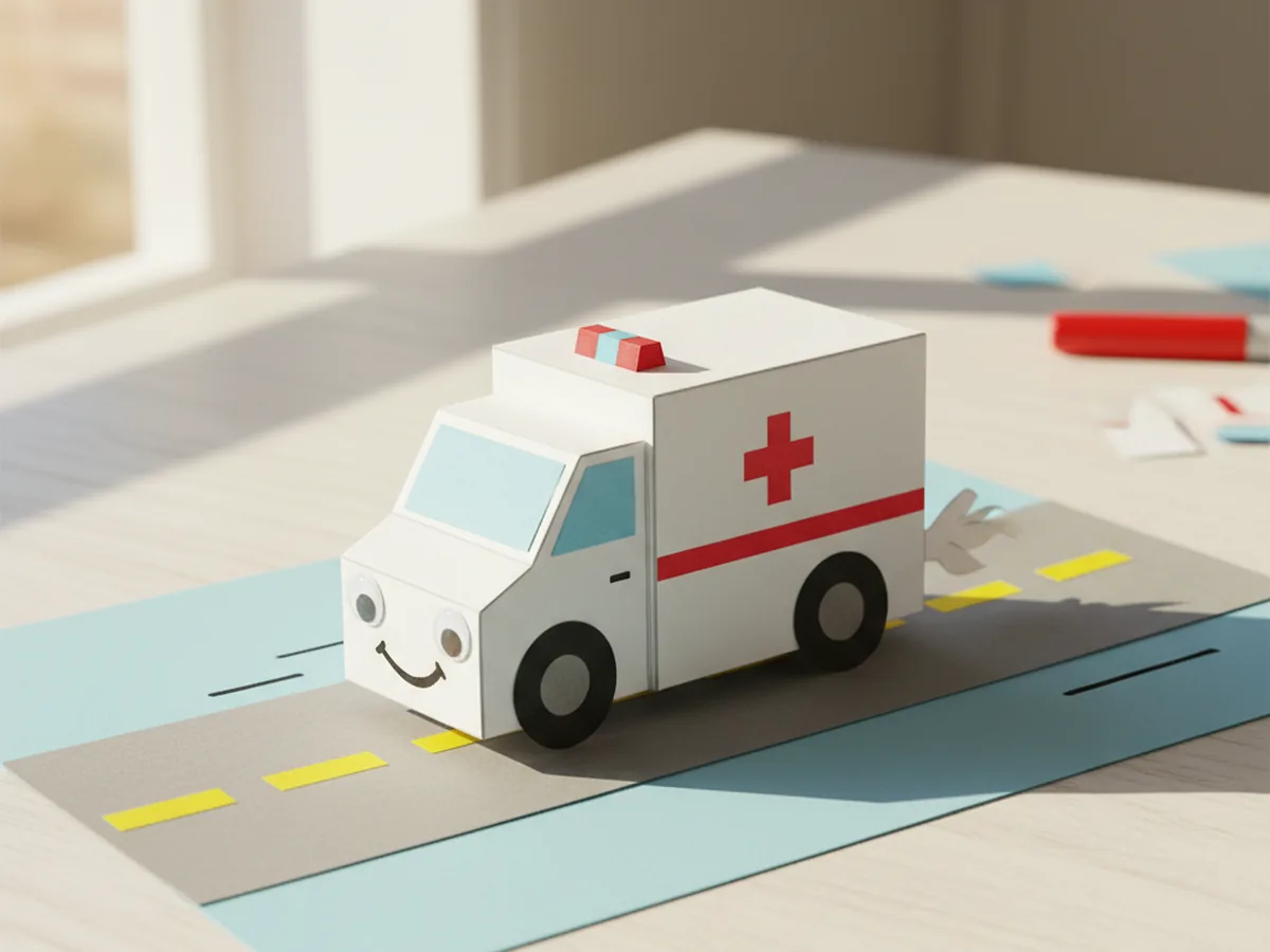 The finished paper craft ambulance glued onto a long grey paper road with small yellow paper dashes down the middle as the road line and tiny marker drawn speed lines behind the ambulance, mounted on a pale blue cardstock background