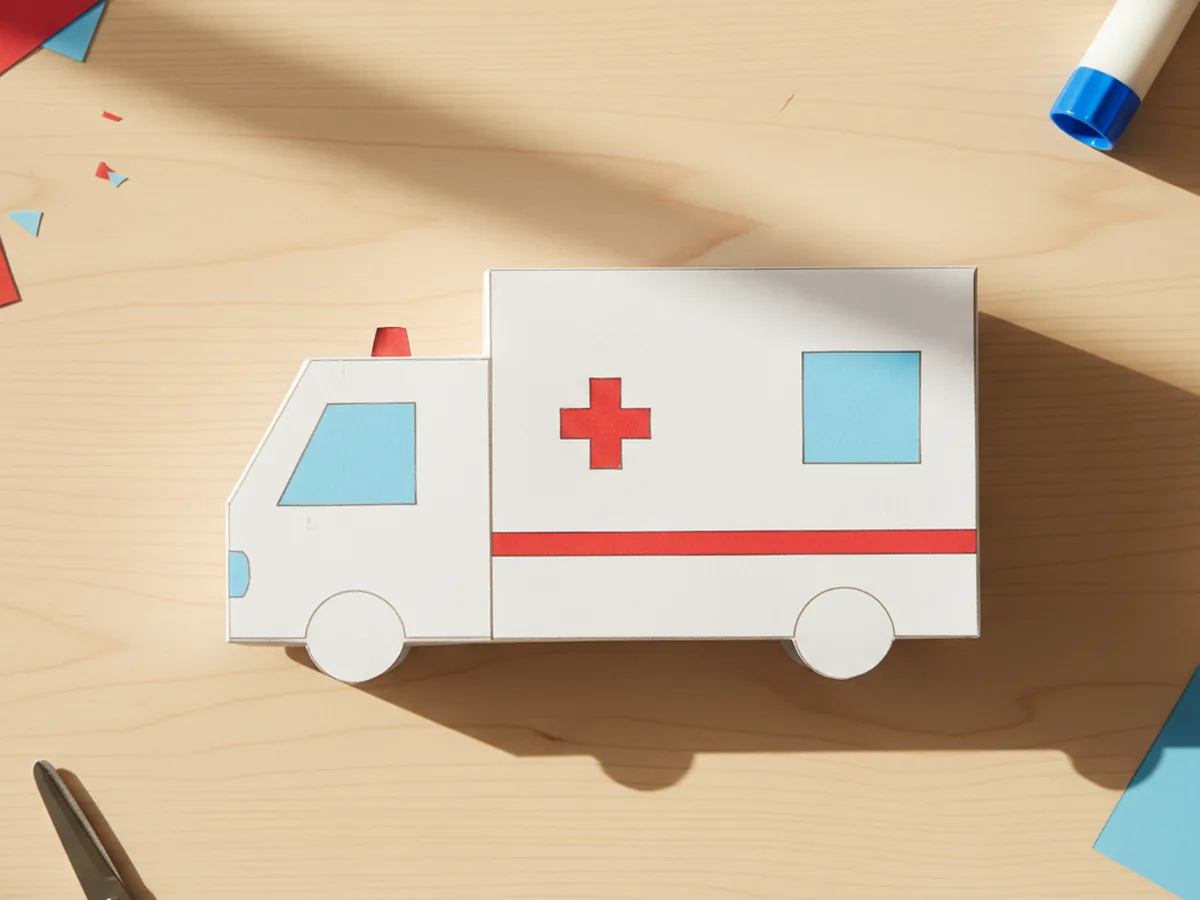 The paper ambulance body with a larger light blue paper windshield glued onto the front cab square and a smaller light blue paper back window glued onto the top of the main back body, displayed on a white craft table