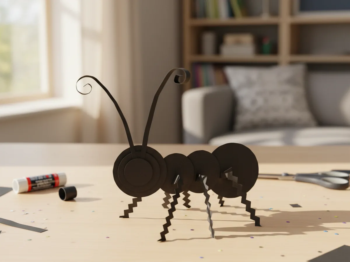A paper craft ant with two thin black antennae curled at the tips glued to the top of its head on a white surface