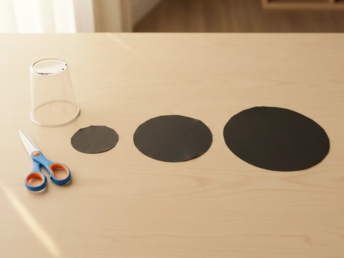 Three black paper circles in small, medium, and large sizes cut out and resting on a white craft table next to safety scissors