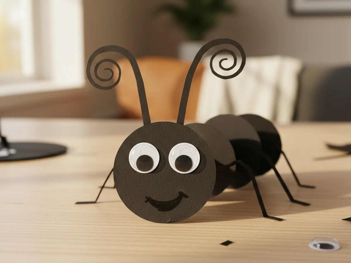 A close view of a paper craft ant head with two googly eyes and a small drawn smile giving it a friendly face