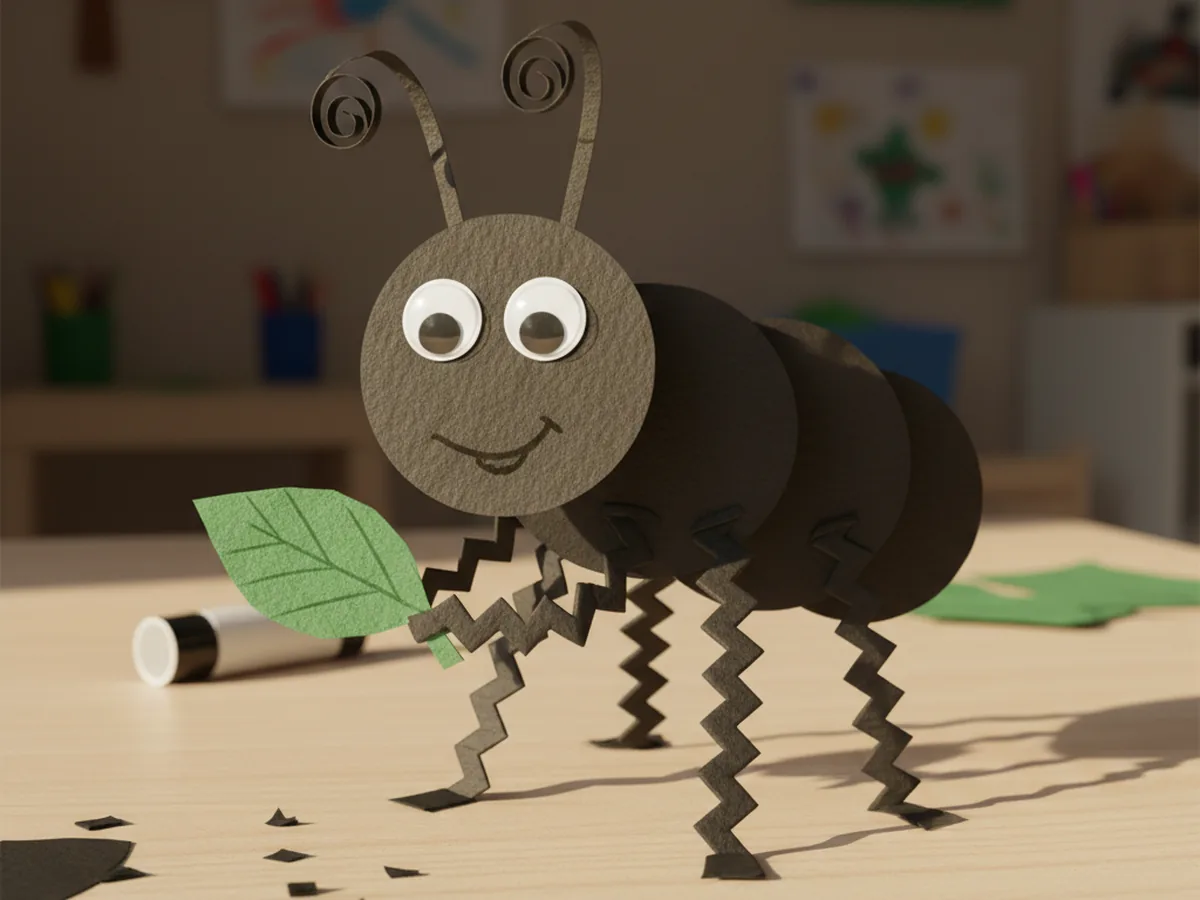 A finished paper craft ant with three body parts, six legs, curled antennae, and a happy googly-eye face carrying a small green paper leaf