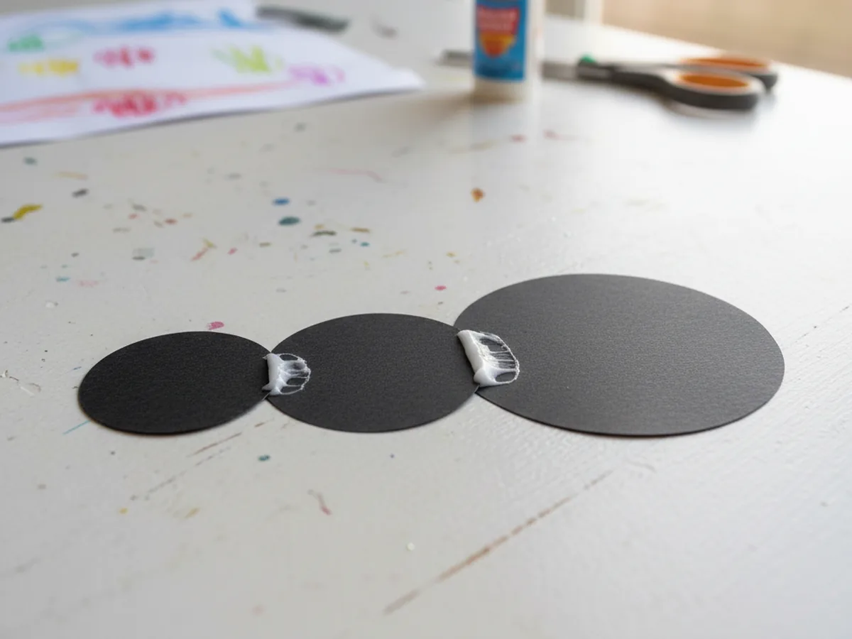 Three black paper circles glued in a row from small to large forming the body of a paper craft ant on a white surface
