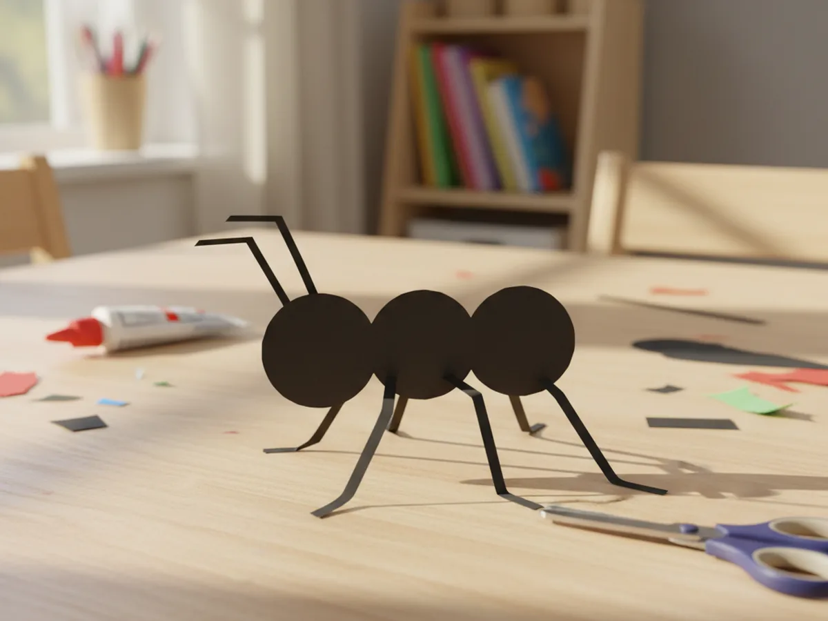 A paper craft ant with three thin black paper legs glued to each side of its middle body part on a craft table