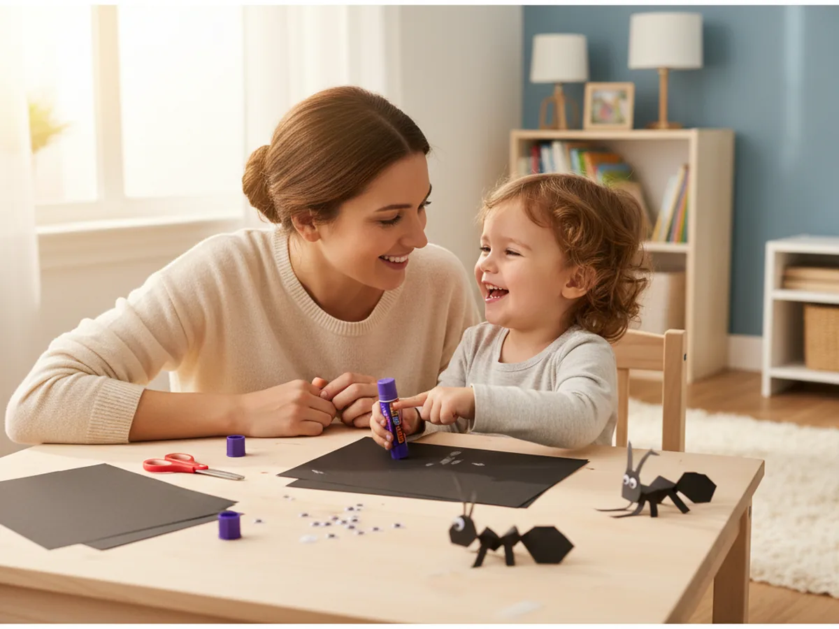 A mom and young child sitting at a craft table with black construction paper, googly eyes, and scissors ready to start a paper craft ant