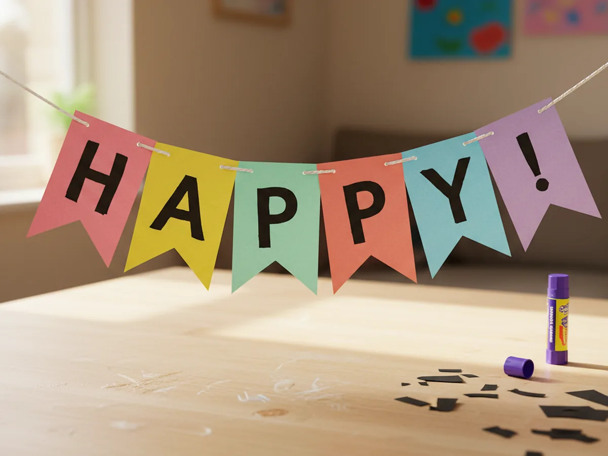 Triangle flags laid in order on a craft table with one large paper letter glued onto each flag to spell a cheerful word