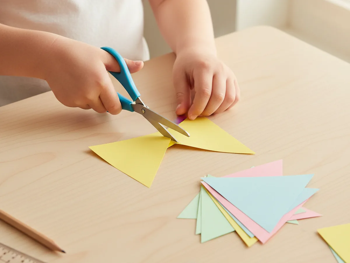 A child's hands cutting matching triangle flags from pink, yellow, blue, and green construction paper for a paper craft banner on a wooden craft table