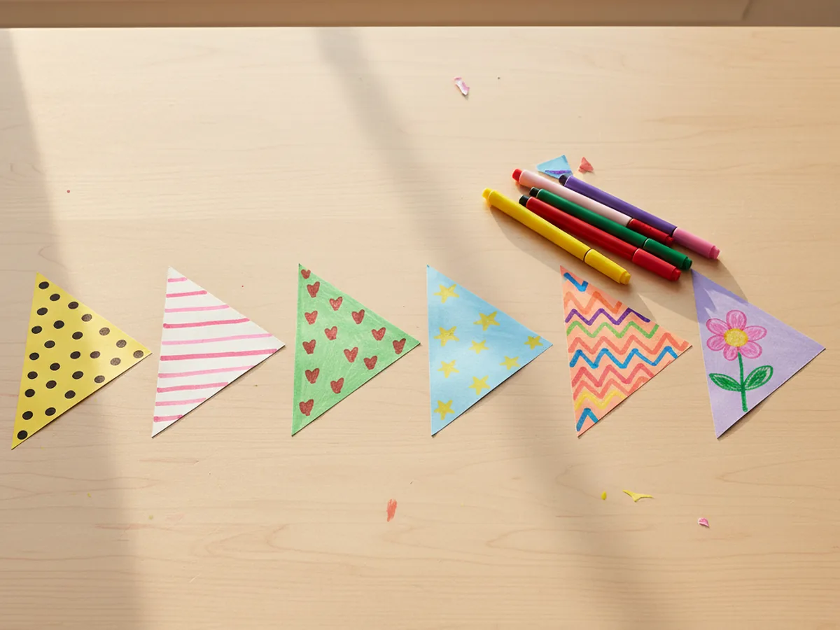 Colorful triangle flags being decorated with marker polka dots, stripes, and small paper heart shapes on a wooden craft table