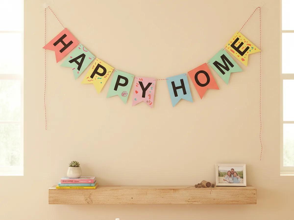 A finished paper craft banner hung on a light wall with colorful triangle flags drooping gently in the middle, brightening up a cozy living room