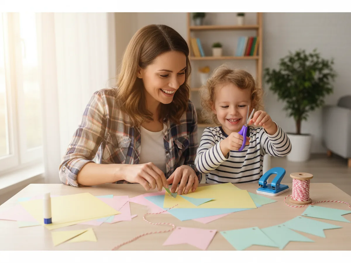 A mom and young child sitting at a craft table, smiling and starting paper craft banners with colorful construction paper, scissors, and baker's twine