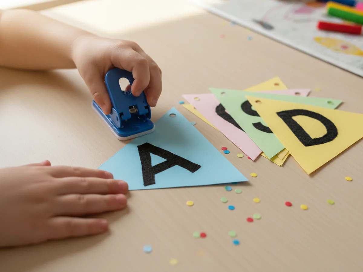 A child using a hole punch to make two small holes at the top corners of a decorated triangle flag for a paper craft banner